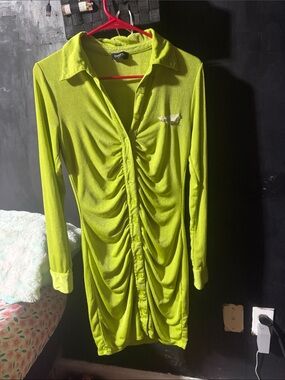 bebe Lime Green Ruched Button-Front Long Sleeve Dress